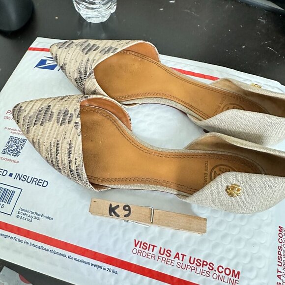 Tory Burch D'Orsay Viv Women Size 7M Lizard Leather Linen Pointed Toe Flat Shoes - Picture 11 of 12